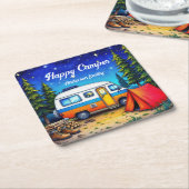 キャンパーキャンピングブルーグリーン自然ウォーターカラー スクエアペーパーコースター (アングル)