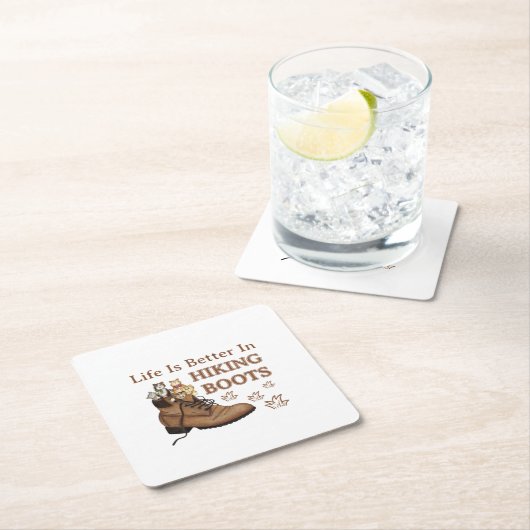キャンパーギフト |長靴キャットのハイキングの方がライフがアップ スクエアペーパーコースター (インサイチュ)