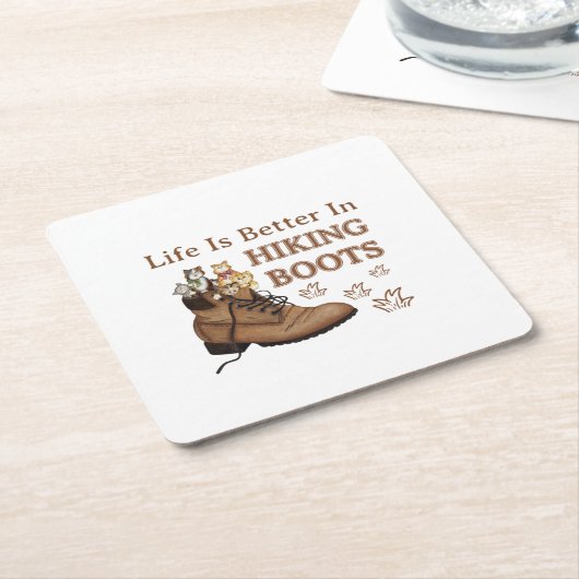 キャンパーギフト |長靴キャットのハイキングの方がライフがアップ スクエアペーパーコースター (アングル)