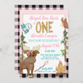 キャンパーピンクバッファロープレイド1stバースデーキャンプ 招待状 (正面/裏面)
