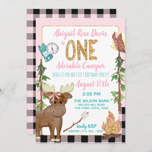 キャンパーピンクバッファロープレイド1stバースデーキャンプ 招待状 (正面/裏面)