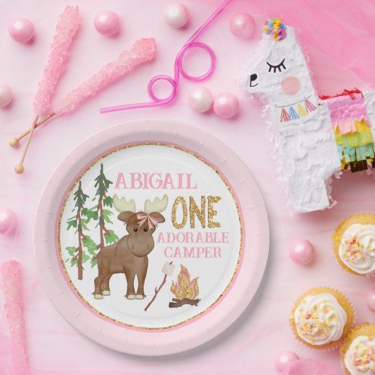 キャンパーピンクバッファロー1歳の誕生日とムース ペーパープレート (パーティー)