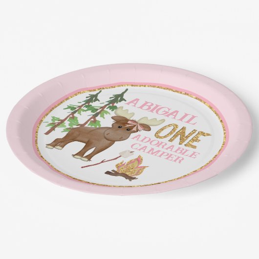 キャンパーピンクバッファロー1歳の誕生日とムース ペーパープレート (アングル)