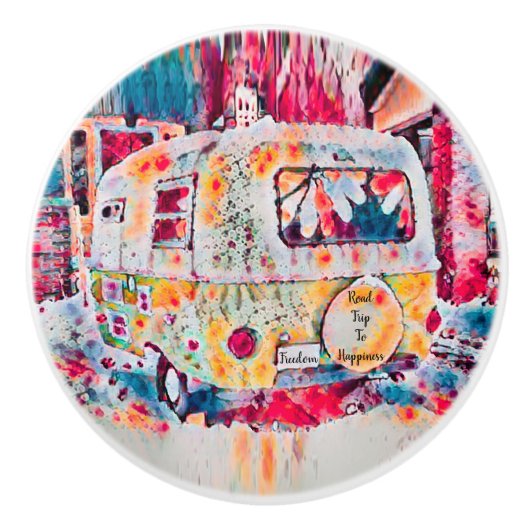 キャンパーレトロヒッピーロードトリップトゥハピネスフリーダム セラミックノブ (正面)