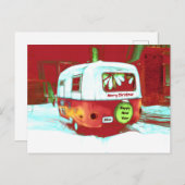 キャンパーレトロヴィンテージクリスマスレッドグリーンホリデイ シーズンポストカード (正面/裏面)