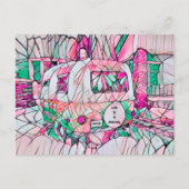 キャンパー生活は旅である。ピンクとグリーンのヒッピーを感じる ポストカード (正面)