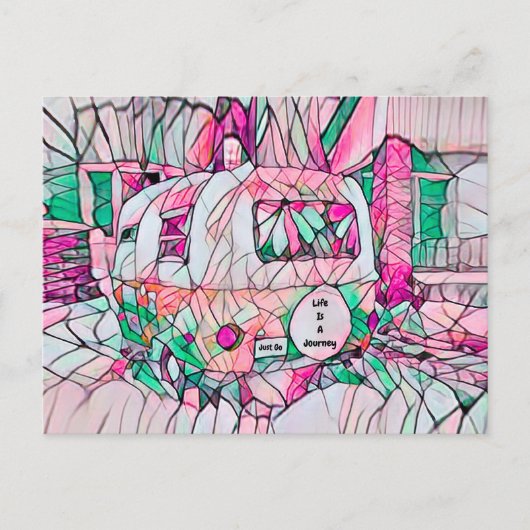 キャンパー生活は旅である。ピンクとグリーンのヒッピーを感じる ポストカード (正面)