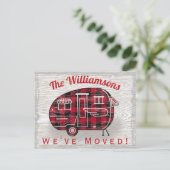 キャンパー素朴レッドブラックバッファロープレイド移動 案内ポストカード (スタンド正面)