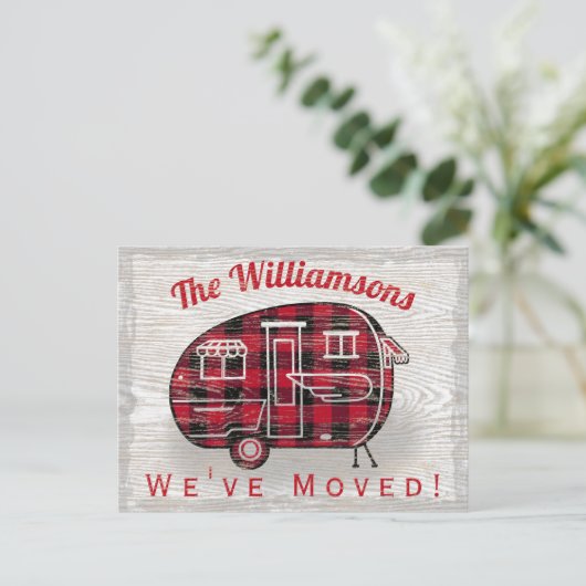 キャンパー素朴レッドブラックバッファロープレイド移動 案内ポストカード (スタンド正面)