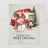 キャンパー雪だるまキャンピングクリスマステーマ シーズンポストカード (正面)