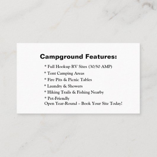 キャンパー・バン連絡とウィルダネスRVサイトカード 名刺 (裏面)
