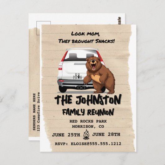 キャンピングおもしろいファミリー懇親会招待状ウィズベア ポストカード (正面/裏面)