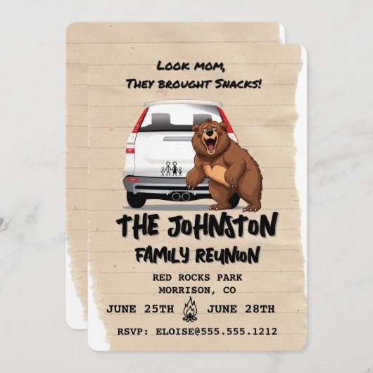 キャンピングおもしろいファミリー懇親会招待状ウィズベア 招待状 (正面/裏面)