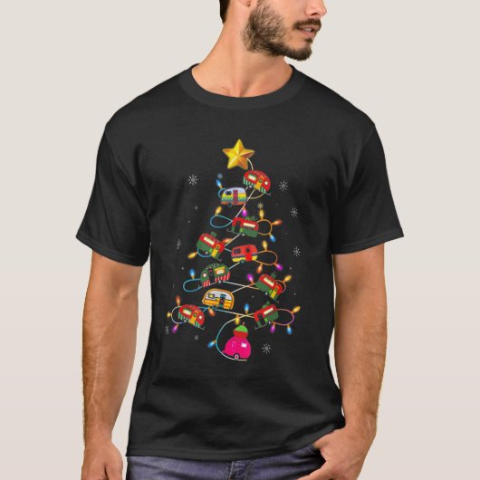キャンピングおもしろいメリークリスマスツリーキャンパー雪だるま Tシャツ (正面)