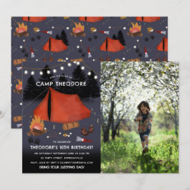 キャンピングアウトドアアドベンチャーキャンプファイア誕生日写真 招待状