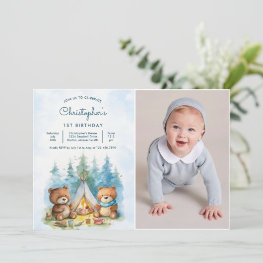 キャンピングアウトドアアドベンチャー誕生日写真 招待状 (スタンド正面)