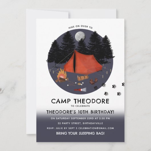 キャンピングアウトドアドベンチャーキャンプファイアバースデーパーティー 招待状 (正面)