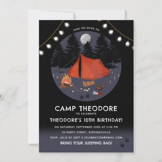 キャンピングアウトドアドベンチャーキャンプファイアバースデーパーティー 招待状 (正面)