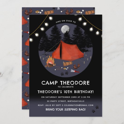 キャンピングアウトドアドベンチャーキャンプファイアバースデーパーティー 招待状 (正面/裏面)