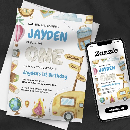 キャンピングアドベンチャーウッドランドキッズファースト誕生日 招待状