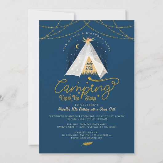 キャンピングアンダーザスターズテペネイビー&金ゴールド誕生日 招待状 (正面)