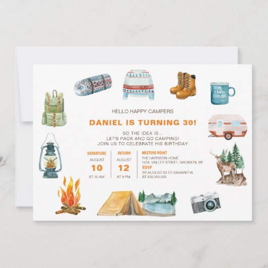 キャンピングウォーターカラーアイコンアウトドア誕生日 招待状 (正面)