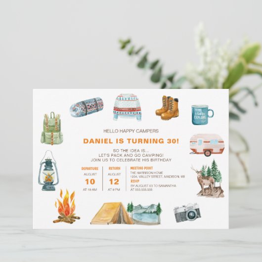 キャンピングウォーターカラーアイコンアウトドア誕生日 招待状 (スタンド正面)