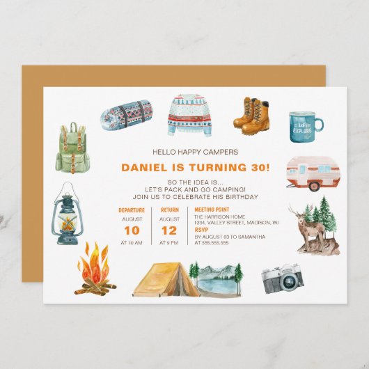 キャンピングウォーターカラーアイコンアウトドア誕生日 招待状 (正面/裏面)