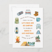 キャンピングウォーターカラーキャンプアウトドア誕生日 インビテーションポストカード (正面/裏面)