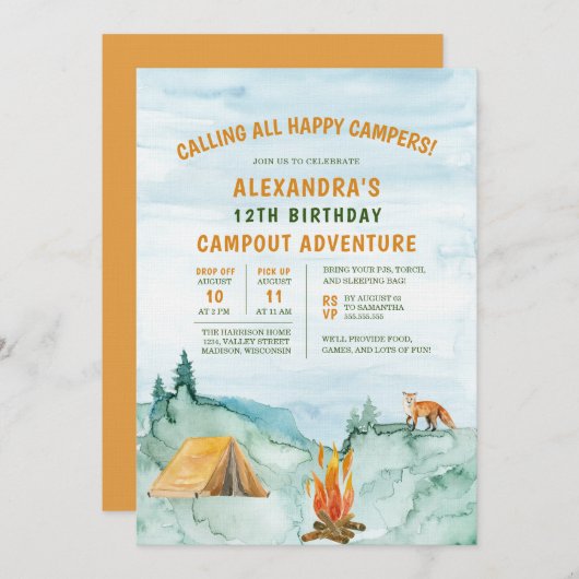 キャンピングウッドランドアドベンチャーテントキャンプアウト誕生日 招待状 (正面/裏面)