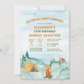 キャンピングウッドランドアドベンチャーテントキャンプアウト誕生日 招待状 (正面)