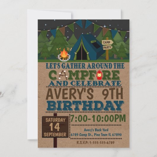 キャンピングカムバースデーパーティー招待状キャンプアウト 招待状 (正面)
