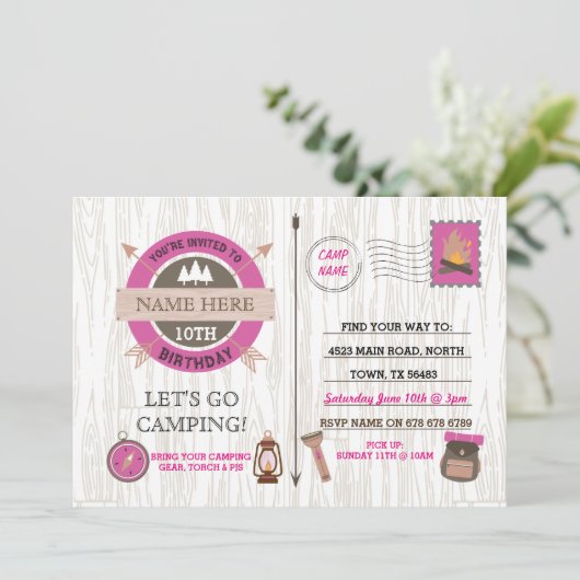 キャンピングキャンプアウトバースデーパーティーピンクガールズ招待状 招待状 (スタンド正面)