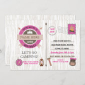 キャンピングキャンプアウトバースデーパーティーピンクガールズ招待状 招待状 (正面/裏面)