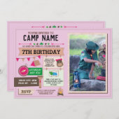 キャンピングキャンプアウトフォトバースデーパーティーガールズピンク 招待状 (正面/裏面)