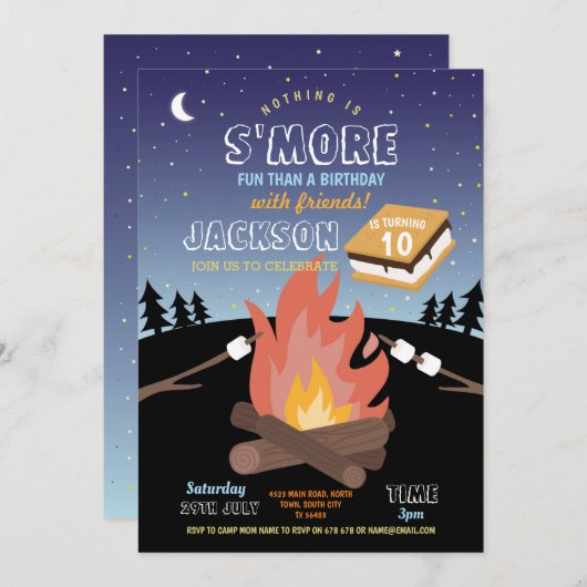 キャンピングズモアパーティーキャンプファイアおもしろい招待状 招待状 (正面/裏面)