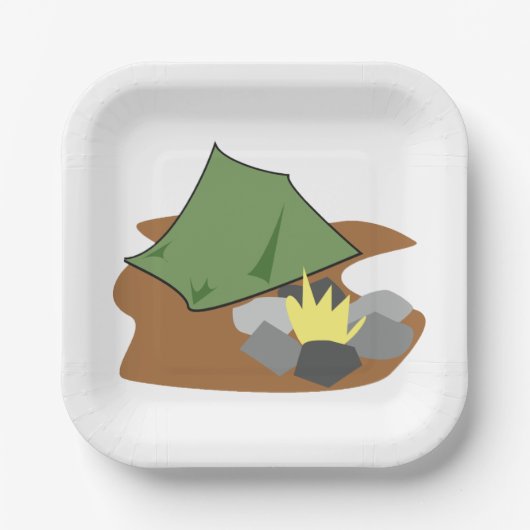 キャンピングテントとキャンプファイアアウトドアアドベンチャー ペーパープレート (正面)