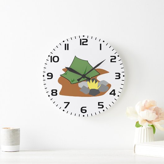 キャンピングテントとキャンプファイアアウトドアアドベンチャー ラージ壁時計