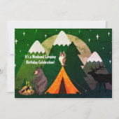 キャンピングテントフォレスト動物と山の誕生日 招待状 (正面)