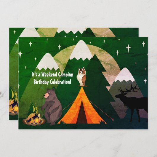 キャンピングテントフォレスト動物と山の誕生日 招待状 (正面/裏面)