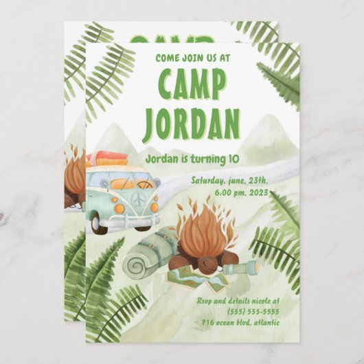 キャンピングテントボンファイアボーイ誕生日招待状 招待状 (正面/裏面)