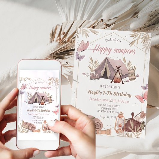 キャンピングテントボンファイヤーガール誕生日招待状 招待状