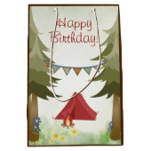 キャンピングテント、キャンプファイア、フラワーウッドランド誕生日 ミディアムペーパーバッグ (正面)