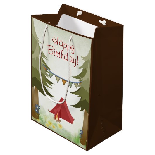 キャンピングテント、キャンプファイア、フラワーウッドランド誕生日 ミディアムペーパーバッグ (正面アングル)