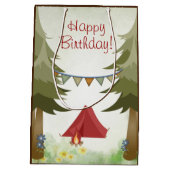 キャンピングテント、キャンプファイア、フラワーウッドランド誕生日 ミディアムペーパーバッグ (裏面)