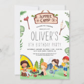 キャンピングテーマのキッズサマーキャンプ |誕生日パーティー 招待状 (正面)