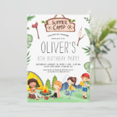 キャンピングテーマのキッズサマーキャンプ |誕生日パーティー 招待状 (スタンド正面)