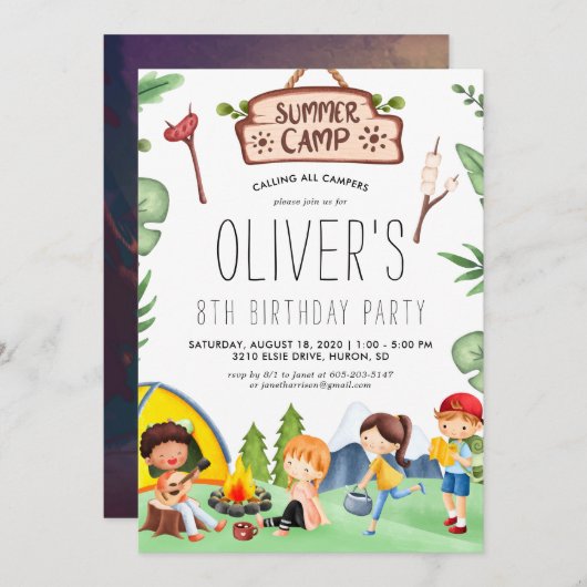 キャンピングテーマのキッズサマーキャンプ |誕生日パーティー 招待状 (正面/裏面)