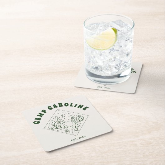 キャンピングテーマのブライズメイドパーティー 緑 スクエアペーパーコースター (インサイチュ)