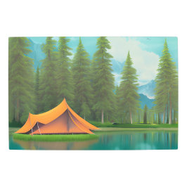 キャンピングテーマアート |森の中の湖のテント メタルプリント